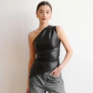 Sleek black one-shoulder leather slim-fit tank top with side pleat details for women
