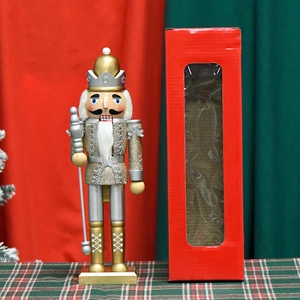 30cm gold and silver wooden nutcracker king with crown and gift box for Christmas decor