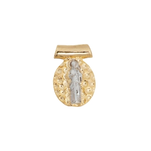 Versatile 18k gold plated oval religious pendant with silver embossed figure and hammered texture