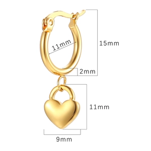 Gold stainless steel heart pendant earrings with measurements on a white background