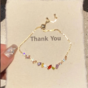 18k gold plated bracelet with colorful zircon square drop charms and adjustable pull chain