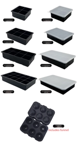 Detail view of black silicone ice cube trays in square and round sphere shapes