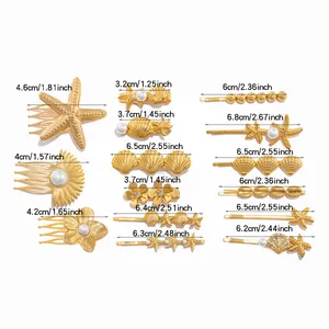 Detailed dimension guide for starfish, shell, and pearl bridal hair clips and combs