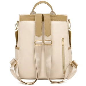 Detail view of the backpack's rear anti-theft zipper pocket and adjustable straps