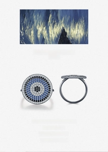 Macro detail of S925 sterling silver evil eye ring with black, blue and white pavé stones