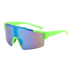 Fluorescent green sports sunglasses with large blue-purple gradient mirrored lens