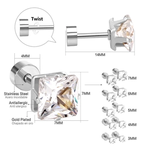 Detailed size chart of stainless steel square zircon earrings with screw back closure