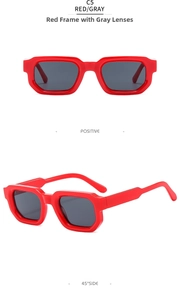 Detailed views of red thick frame retro sunglasses with gray lenses for women