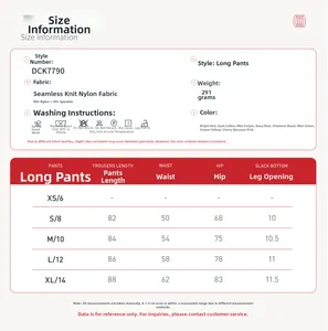 Guide des tailles pour ensemble de yoga sans couture avec mesures du S au XL en centimètres