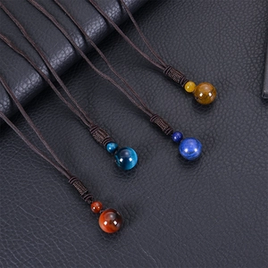 Natural Stone Pendant Necklace Blue Tiger Eye Lapis Lazuli Round Bead Adjustable Hand Woven Rope Jewelry Unisex