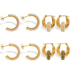 Gold-plated titanium steel hoop earrings featuring crystal rhinestones and pearl accents