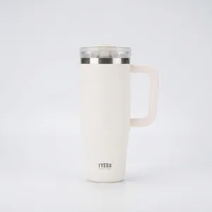 Close-up of TYESO 40oz stainless steel tumbler with handle and transparent sealed lid