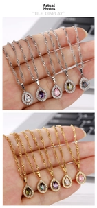 Vue détaillée des pendentifs en zircone poire multicolores avec des chaînes assorties