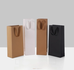 Detailed view of thickened wine gift paper bags in brown, white, and black with woven handles