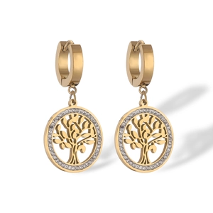 Gold plated Tree of Life round drop earrings with sparkling zircon crystals for women