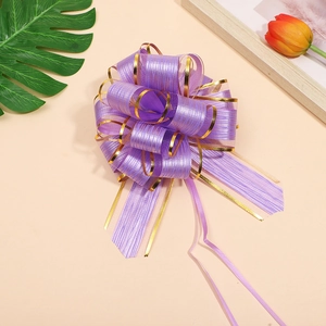 Close-up of a large purple gift bow with gold edges and translucent textured petals