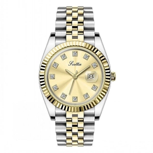 Elegant two-tone stainless steel lady watch with gold dial and crystal hour markers
