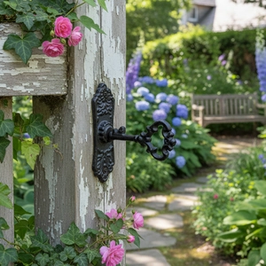 Poignée de porte rétro en fonte en forme de clé sur un pilier en bois dans un jardin