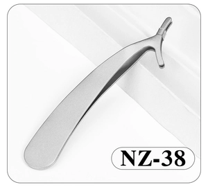 Detailed macro of silver stainless steel eyelash applicator with matte finish model NZ-38