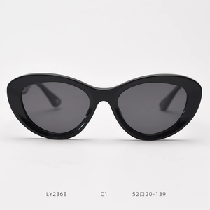 Macro shot of black cat-eye sunglasses LY2368 C1 with detailed size specifications