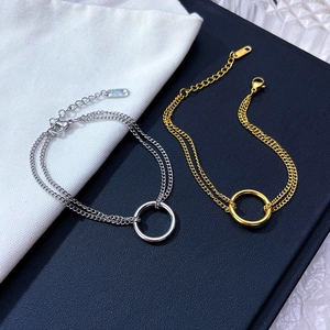 Double Layer Chain Bracelet Stainless Steel Circle Ring Pendant Minimalist Fashion Jewelry For Women Elegant Adjustable