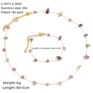 Detail of 18k gold plated stainless steel jewelry set with natural amethyst stones