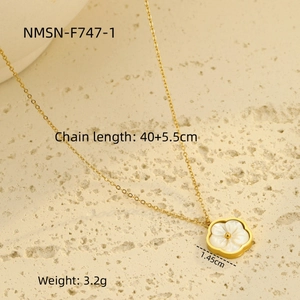 Detail of gold floral necklace with white shell pendant and technical dimensions