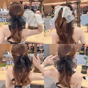 French style polka dot mesh bow hair clip in black and beige for elegant hairstyles