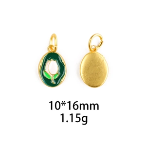 Detail view showing a 10x16mm gold oval carnation pendant with green and white enamel
