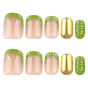 French green and metallic gold 3D press-on nails with spiral textures in short square shape