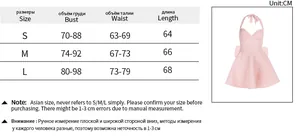 Size chart for bow halter dress showing bust, waist, and length in CM for S, M, L