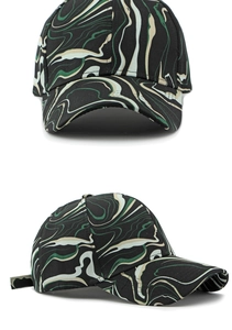 Detail of baseball cap showing marble texture print and six-panel structured design