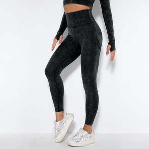 Close-up of acid wash seamless yoga set with thumb holes and ribbed texture details