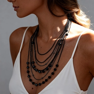 Multilayer black glass beaded necklace for women featuring layered strands on a model neck