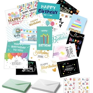 24-piece assorted cartoon birthday cards set with colorful envelopes and stickers