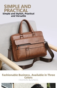 Detailed view of brown leather briefcase with textured finish and adjustable shoulder strap