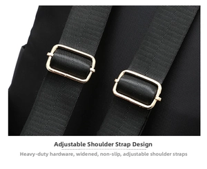 Detail of wide adjustable nylon shoulder straps with polished gold-tone metal buckles
