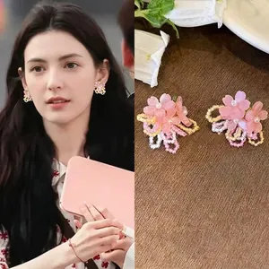 Pink beaded flower tassel earrings with silver needles for elegant summer beach style