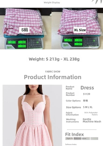 Detailed size chart and weight measurements for the pink plaid floral sundress with lace trim