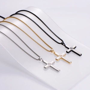 316L Stainless Steel Cross Pendant Necklace Inlaid Rhinestone Hip Hop Religious Fashion Jewelry