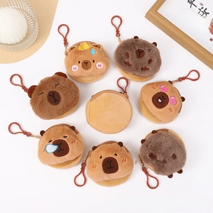 Detail view of eight mini plush capybara coin purses with varied facial expressions
