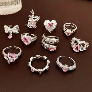 Fashion Adjustable Open Ring Copper Zircon Heart Flower Butterfly Geometric Jewelry Pink Silver Tone For Women Girls