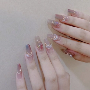 Handmade pink purple marble gradient coffin nails with pearls and gold chain accents