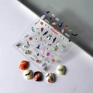 Halloween nail art stickers set with pumpkin bat ghost designs and nail model display