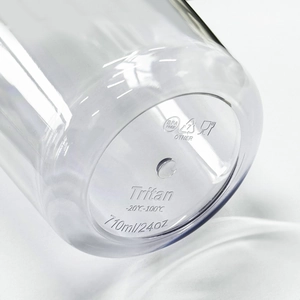 Detailed base of 710ml Tritan water bottle showing BPA Free and heat resistance marks