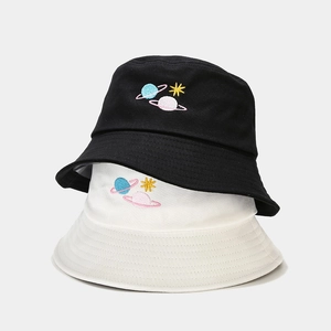 Spring bucket hat with colorful planet embroidery in black and white cotton twill