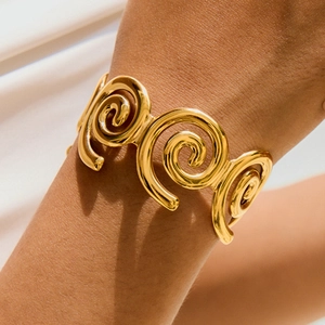 Elegant gold spiral swirl open cuff bracelet in minimalist hollow stainless steel style