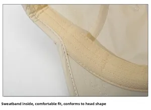 Gros plan du bandeau de sudation interne et du mesh respirant sur casquette de baseball