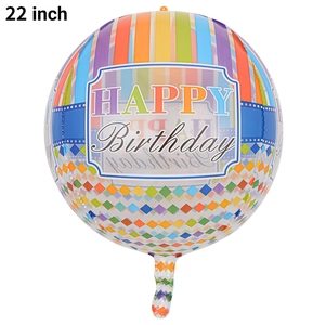 Detailed view of a 22 inch transparent 4D balloon with colorful stripes and Happy Birthday text