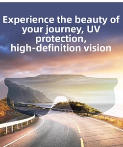 Outdoor cycling sunglasses with UV protection and HD vision lens detail over scenic road